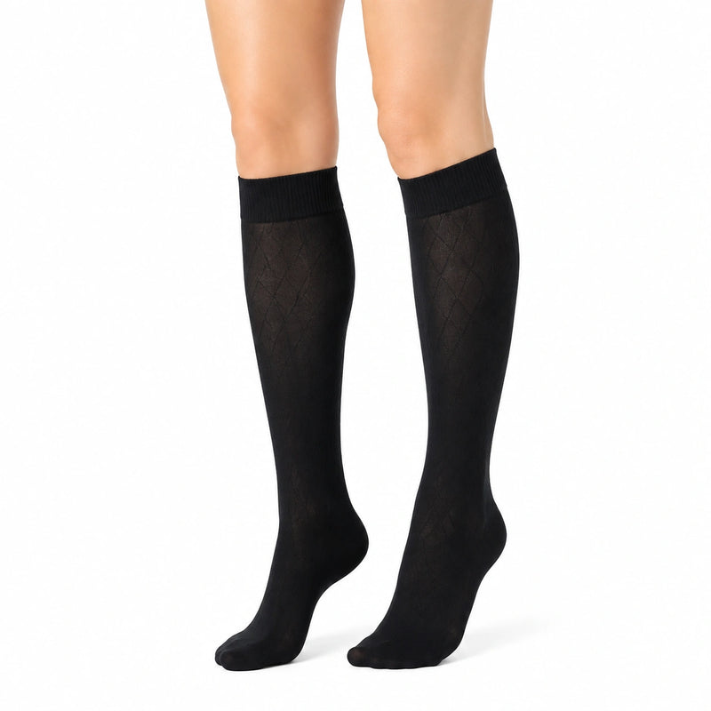 Chaussettes hautes 39-42 noires en maille extensible à motif losanges