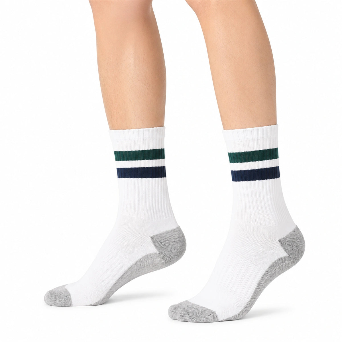 Chaussettes de sport 39-42 en maille blanche rayures vert foncé bleu marine et renforts gris