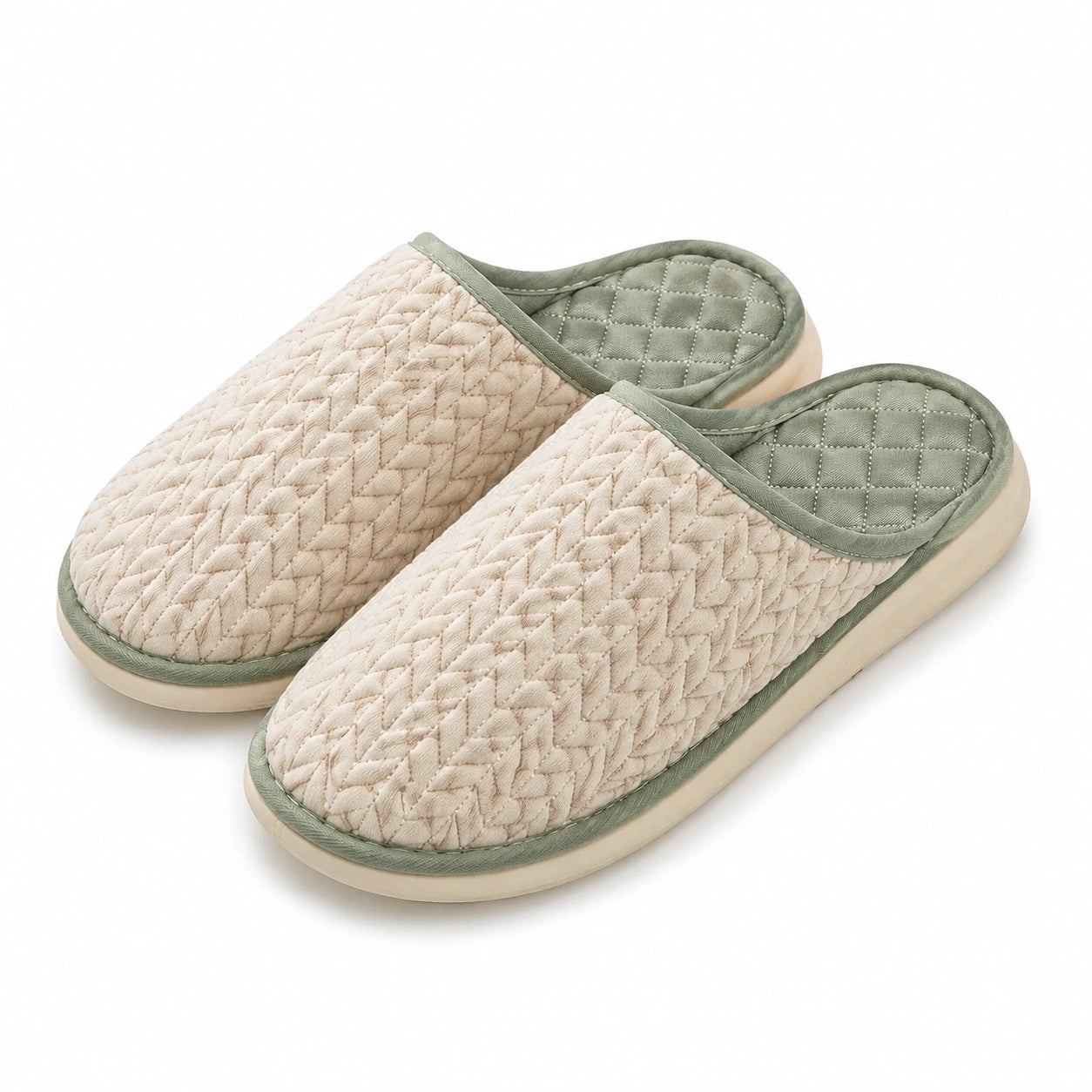 Chaussons mules 38/39 en textile matelassé beige et vert pour intérieur