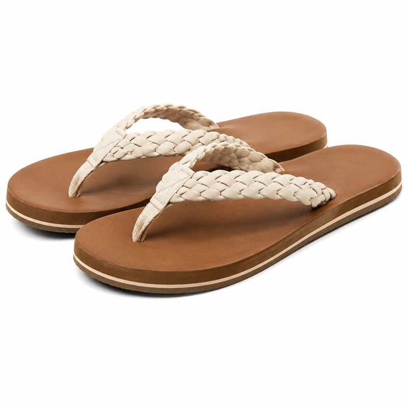 Tongs femme taille 36/37 à brides tressées synthétiques beige et semelle marron - style décontracté